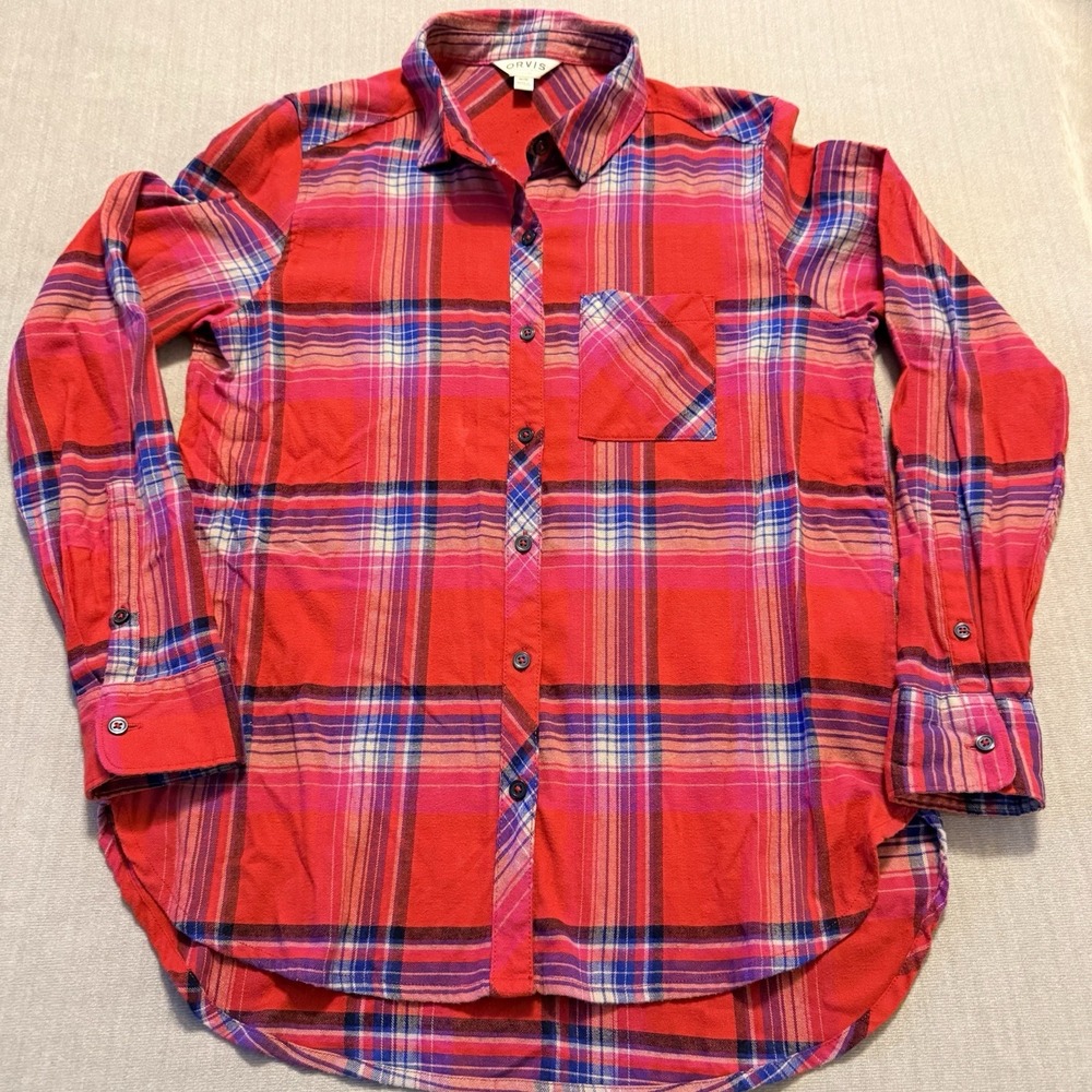 Orvis Womens Plaid Flannel Shirt M Red Pink Blue Button Front Classic Fit